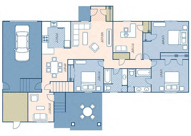 Floor plan for 3 beds, 2 baths, 1359 sqft